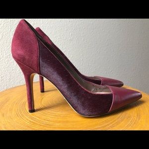 Burgundy suede leather calfhair pumps